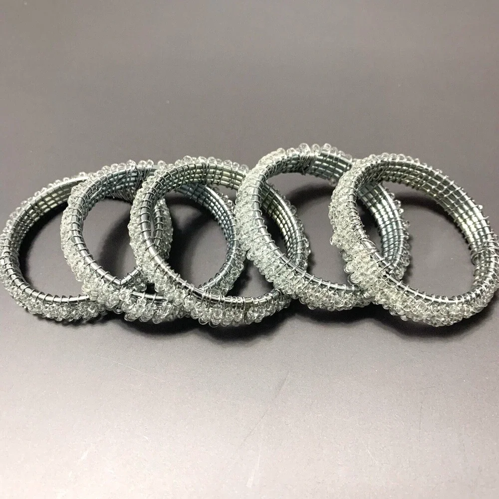 Set of 5 Napkin Rings Silver Tone Wire Clear Glass Beads Elegant Table Decor